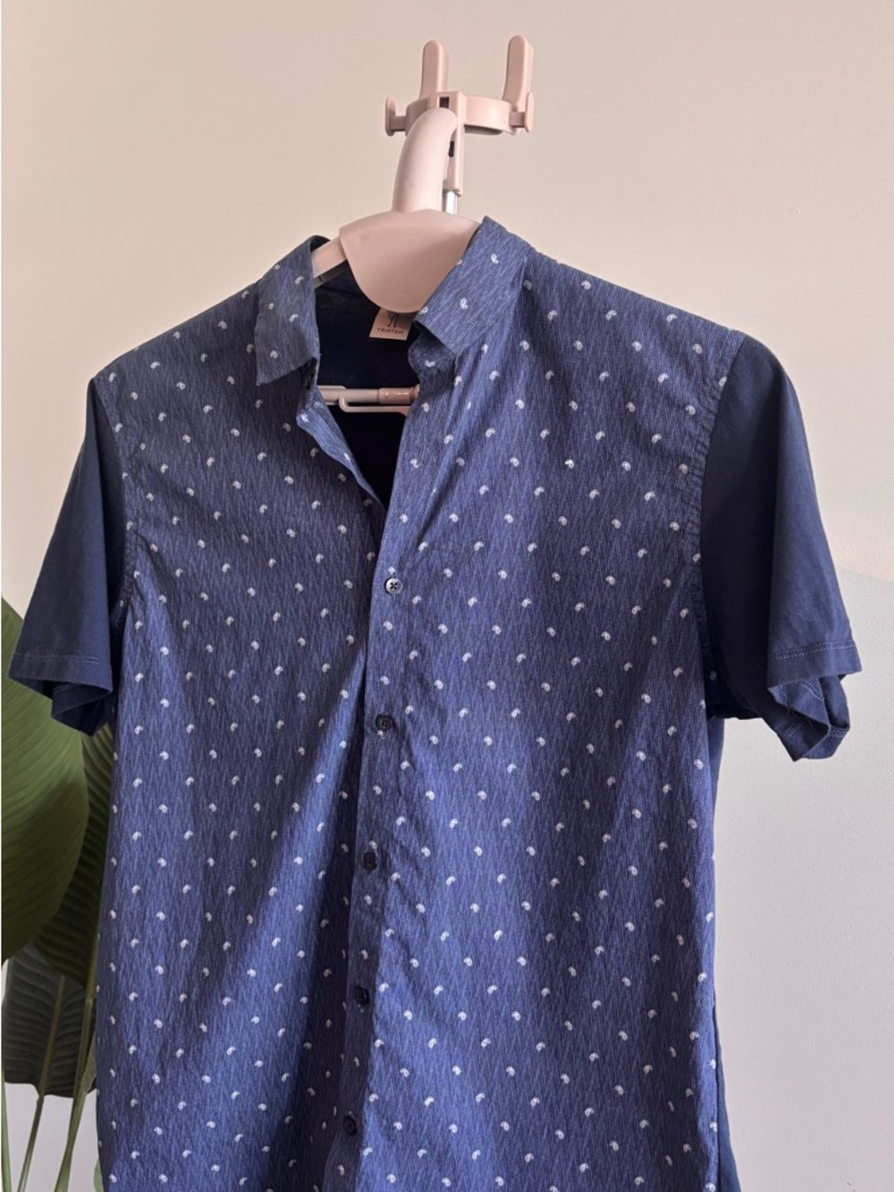 Tristan Navy Short Sleeve Button-Up with Subtle White Dot Motif